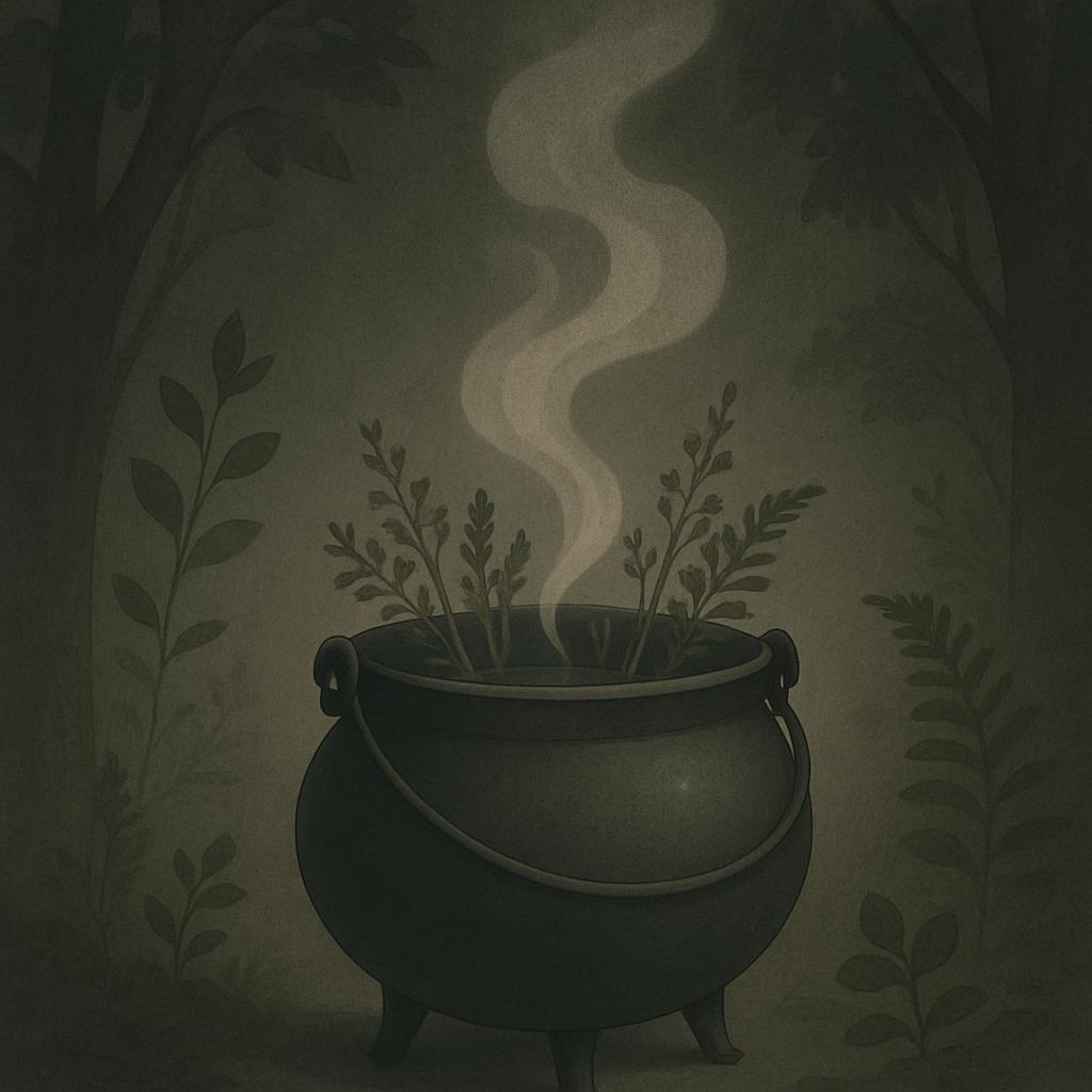 A dark green illustration of a cauldron with steam and plants.