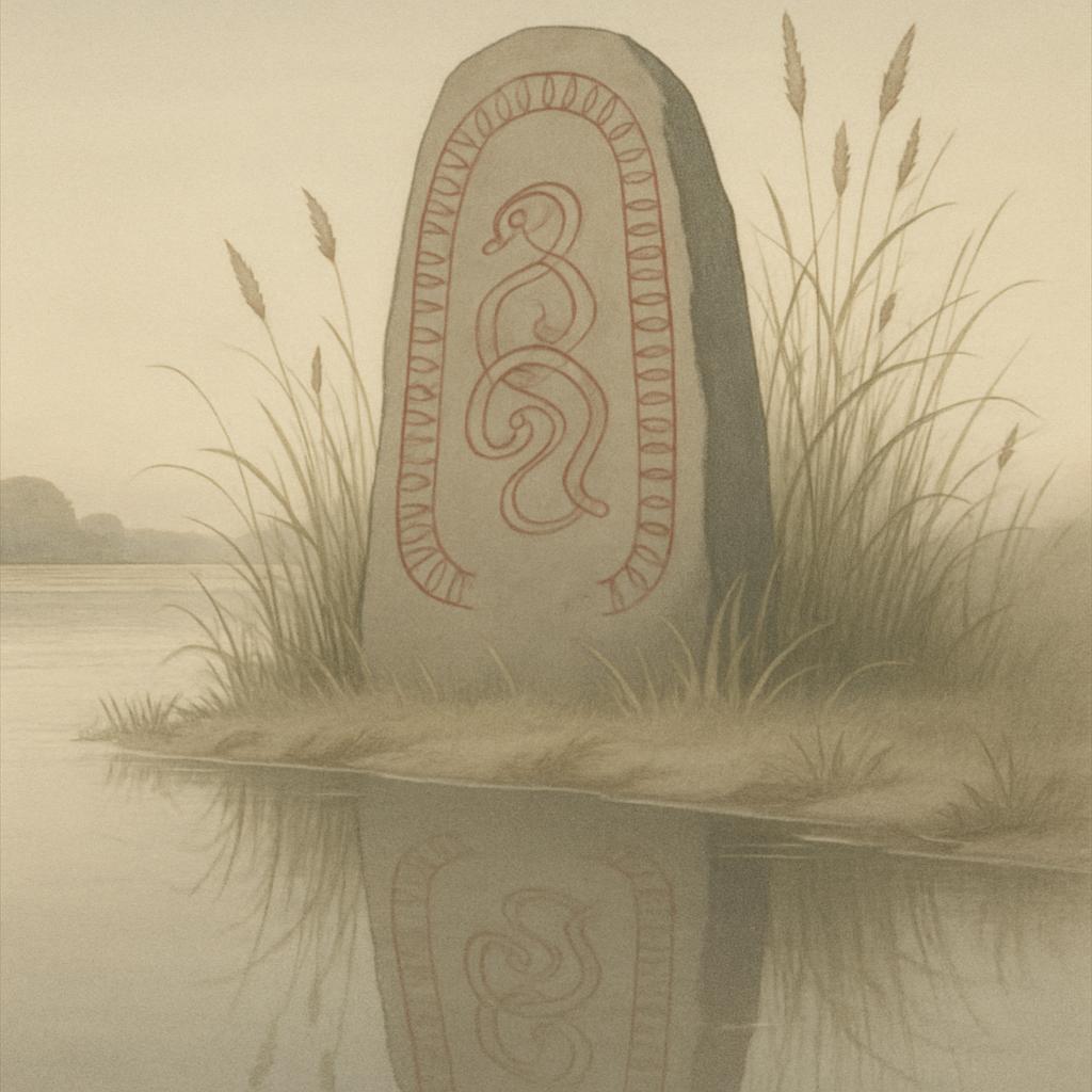 A grayscale painting of a stone monument, reminiscent of a marker for an ancient burial ground, rests in a tranquil lake s...