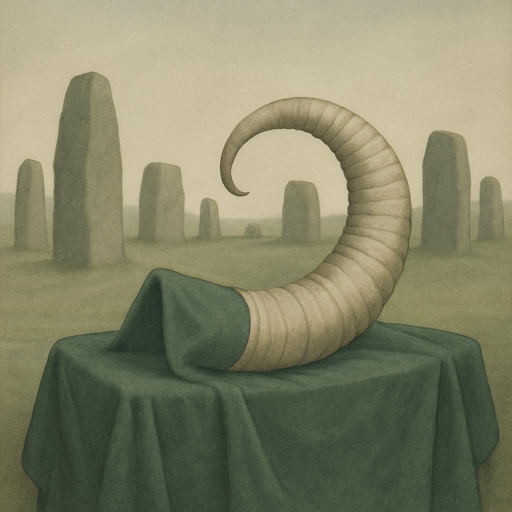A surrealistic horn on a table in front of stone stones in the distance.